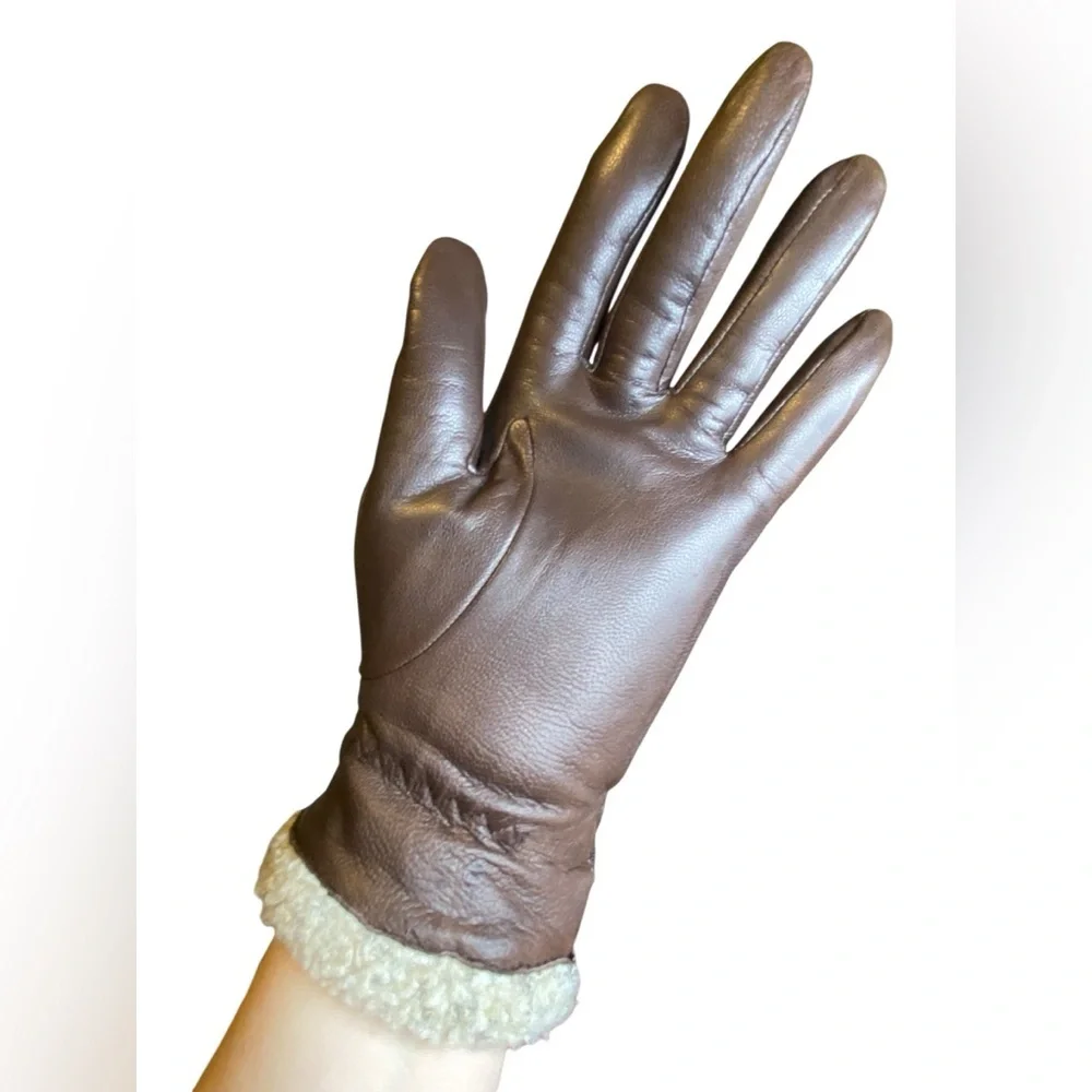 Fownes Brown leather faux Sherpa lightweight gloves Women’s size 7